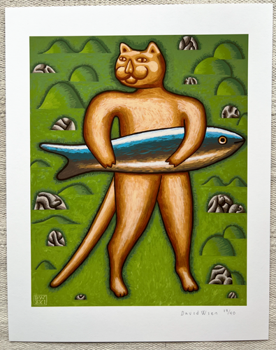 David Wien Archival print of a fine art painting. A brown cat holding a blue fish trout with a green background of mountains and hills
