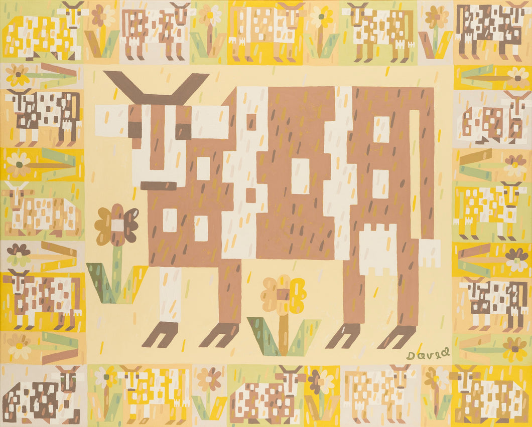 David Wien is a Santa Barbara based artist 
 with a print of an original fine art painting featuring a patchwork style. The main focus is a cow in a modern folk style with muted layered acrylic earth tones, browns  and yellows with a unique border or more cows for a modern eclectic interior design aesthetic. 
