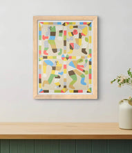 Load image into Gallery viewer, David Wien Dance archival print with four figures dancing in a folk art style in soothing colors and browns in a light room interior above a green table or chair
