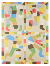 Load image into Gallery viewer, David Wien Dance archival print with four figures dancing in a folk art style in soothing colors and browns
