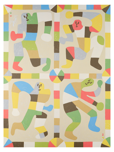 David Wien Dance archival print with four figures dancing in a folk art style in soothing colors and browns