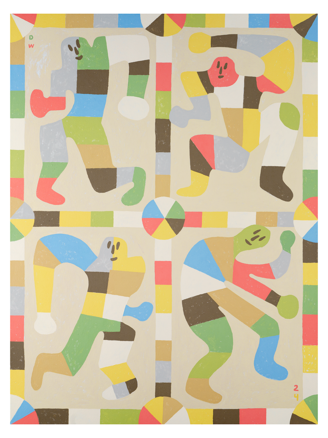 David Wien Dance archival print with four figures dancing in a folk art style in soothing colors and browns