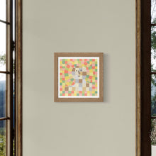 Load image into Gallery viewer, David Wien Mood Painting archival print folk art style in pleasing pastel colors of a face in pixilated squares on a wall between two windows in medium wood
