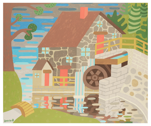 David Wien fine art painting of a stone house in a forest acrylic on canvas