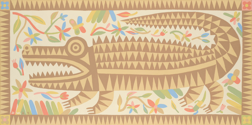 David Wien archival print of the Beast fine art painting, an alligator figure with light brown, earth tones and neutrals surrounded by folk art style flowers for interior design 