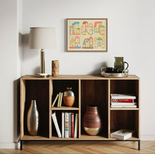Load image into Gallery viewer, David Wien folk artist archival print shown in an eclectic interior in a medium brown frame in a children&#39;s room
