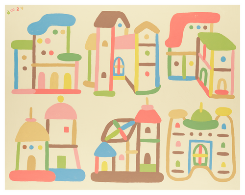 David Wien artist painting and archival print of folk art style buildings in pastels and neutral colors