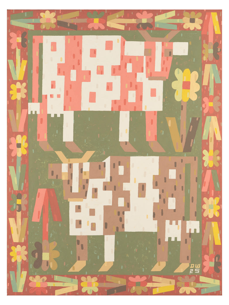 David Wien is a Santa Barbara based painter and sculptor with an original fine art print of a  painting of two cows and florals in a modern folk patchwork style with layered acrylic in dark greens, browns, reds, orange and yellow for a modern eclectic home and interior design feature. 
