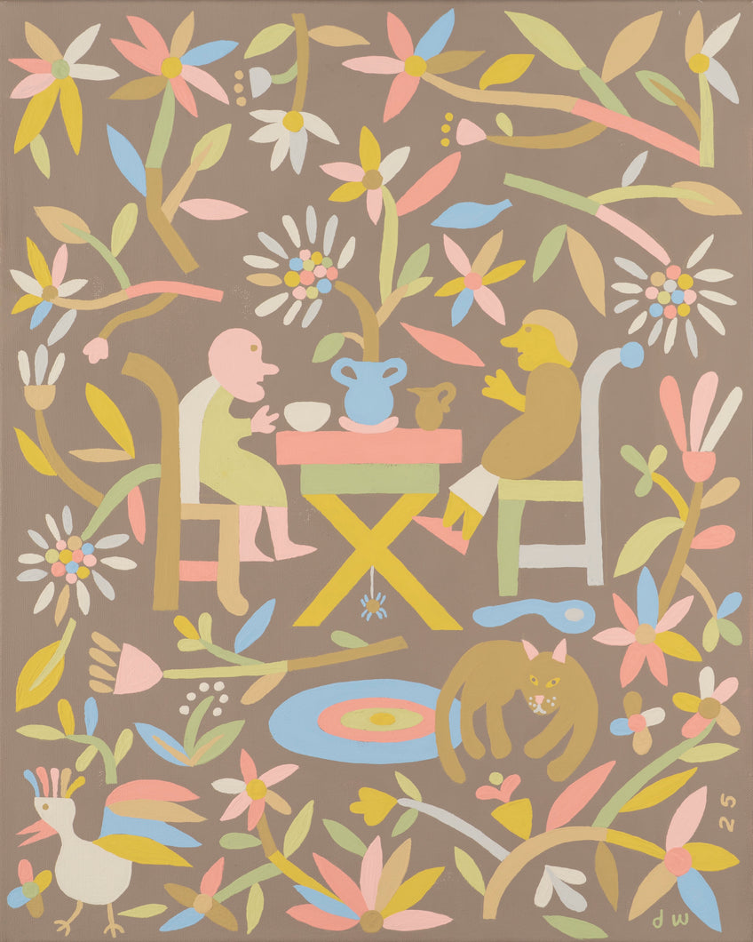 David Wien is a Santa Barbara ased artist and painter with an original fine art print of a painting of layered acrylic in muted earth tones. The print size is 12x15 and features two people talking at a table with coffee surrounded by flowers and florals with a cat and a colorful chicken in the foreground as if sitting in the living room with the couple.The painting is done in a modern folk style for an eclectic, colorful and uplifting interior design