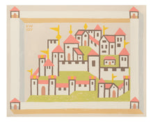 Load image into Gallery viewer, David Wien is a Santa Barbara based artist with an original fine art painting in layered acrylics. The painting and print are of a castle compound surrounded by a stone wall with muted earth tones in a modern folk style for modern interior design
