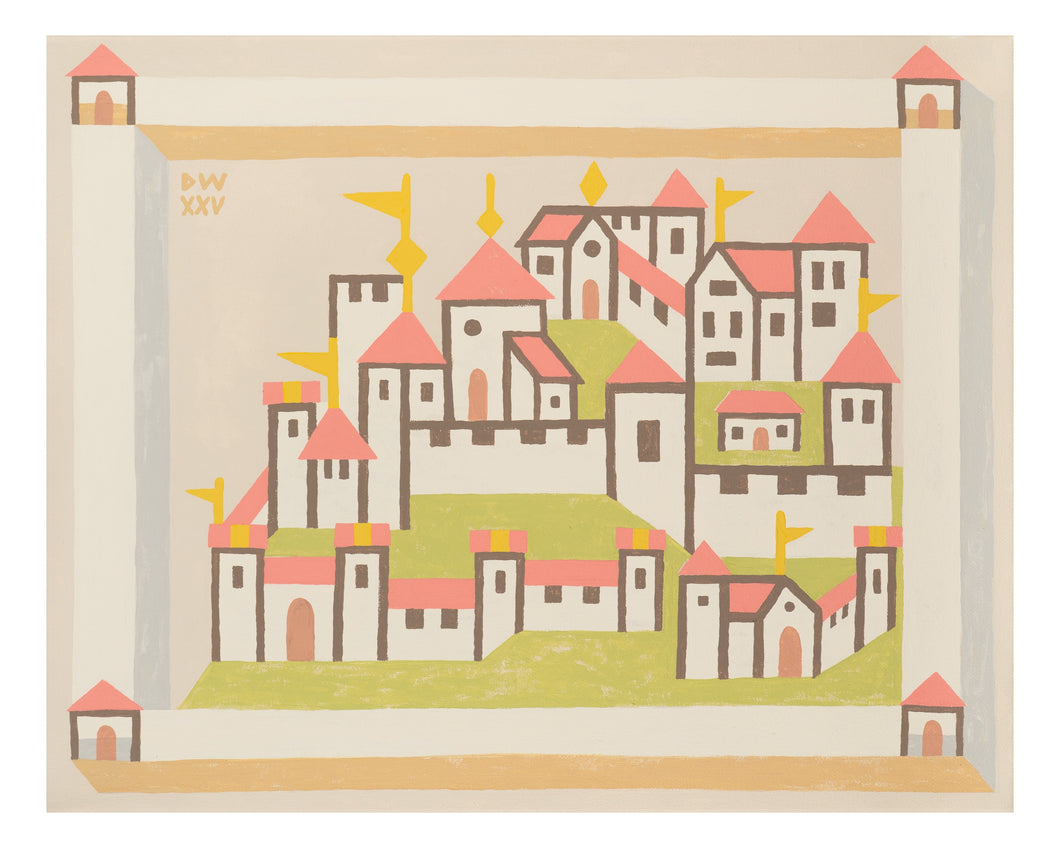 David Wien is a Santa Barbara based artist with an original fine art painting in layered acrylics. The painting and print are of a castle compound surrounded by a stone wall with muted earth tones in a modern folk style for modern interior design