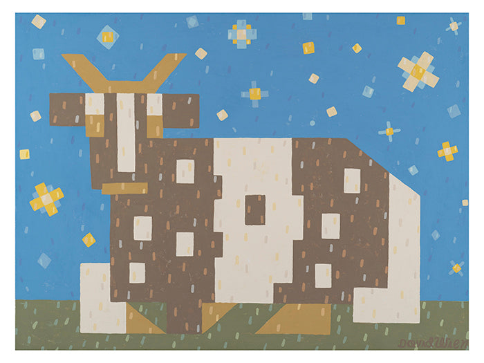 David Wien  is a Santa Barbara California artist with a Vermont inspired original fine art painting of a cow under a starry night. The original painting and print feature an animal with brown and white stripes, and a  bright blue background as the night sky. The painting is done in a modern folk art and Americana style