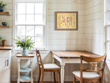 Load image into Gallery viewer, David Wien Santa Barbara Based artist painting of a cow in a modern folk style with muted earth tones and yellows with a unique border or more cows for a modern eclectic interior design

