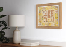 Load image into Gallery viewer, David Wien Santa Barbara Based artist painting of a cow in a modern folk style with muted earth tones and yellows with a unique border or more cows for a modern eclectic interior design
