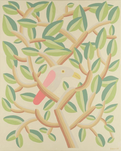 David Wen painting and archival print of a pastel and neutral bird in a tree called Peace tree
