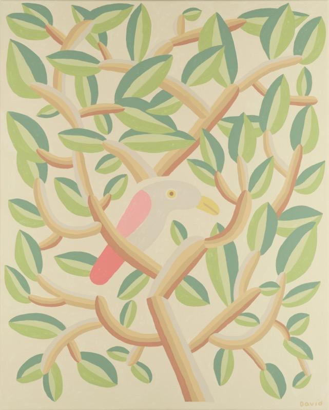 David Wen painting and archival print of a pastel and neutral bird in a tree called Peace tree