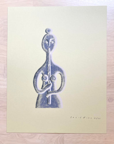 Silk screen print by David Wien of a flautist